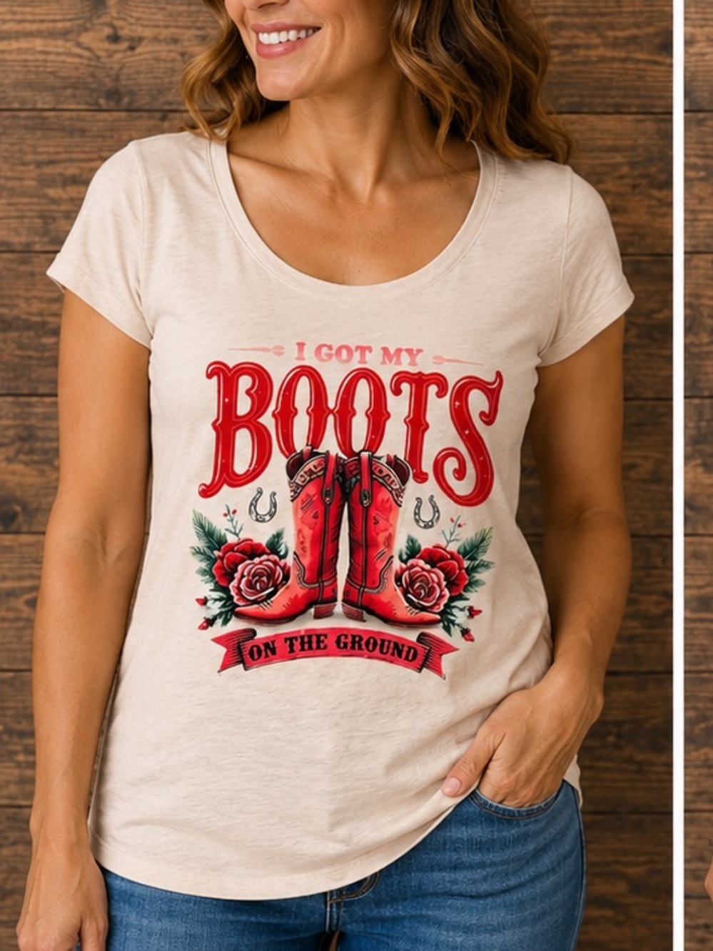 Splash White Graphic Tee with Red Cowboy Boots and Floral Print LARGE